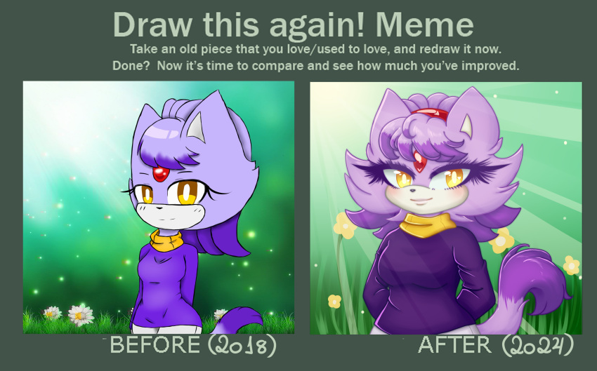 absurd_res alternate_costume bangs blaze_the_cat blush blushing_at_viewer chococherrypie clothing deviantart domestic_cat draw_this_again draw_this_again_meme e621 felid feline felis female hair hands_behind_back hi_res high_ponytail humanoid mammal nature nature_background newgrounds ponytail redraw sega solo sonic_the_hedgehog_(series) sweater topwear tumblr twitter