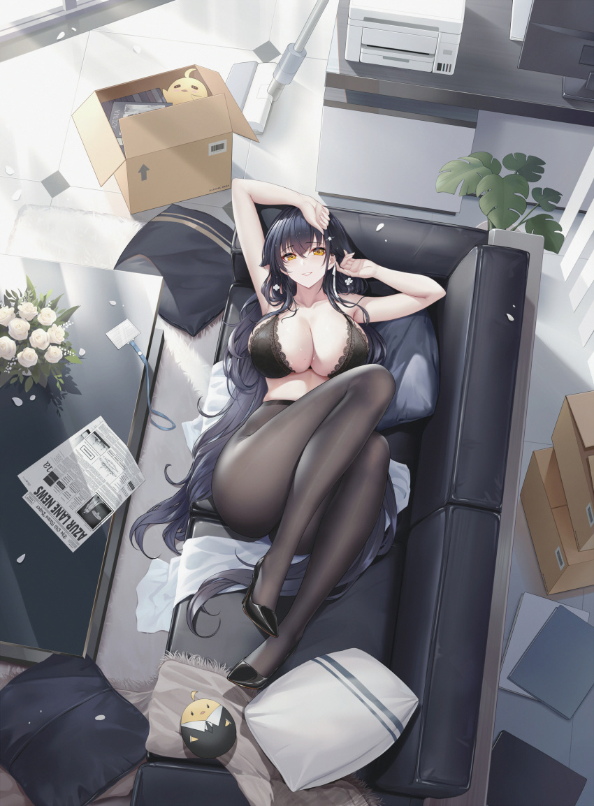 absurdres alexiel_(pixiv6211566) arm_up azuma_(azur_lane) azur_lane black_bra black_hair black_pantyhose black_skirt box bra cardboard_box from_above highres legs looking_at_viewer manjuu_(azur_lane) office_lady pantyhose paper pillow plant potted_plant skirt smile soles underwear yellow_eyes