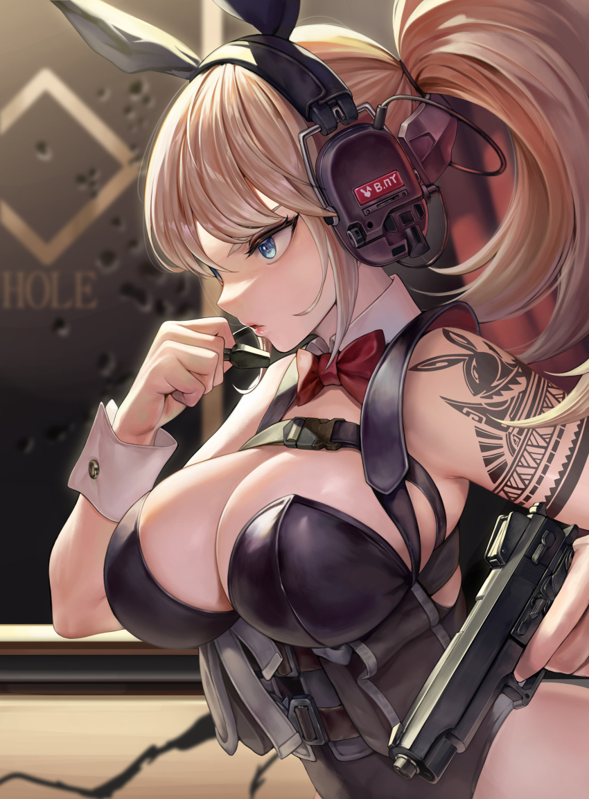 1girl absurdres animal_ears arm_tattoo black_leotard blonde_hair blue_eyes bow bowtie breasts cleavage commentary detached_collar english_commentary fake_animal_ears gun handgun headphones highres holding holding_gun holding_weapon large_breasts leotard lips medium_hair original playboy_bunny rabbit_ears red_bow red_bowtie shoulder_tattoo sidelocks solo sr911656337775 tattoo weapon wrist_cuffs