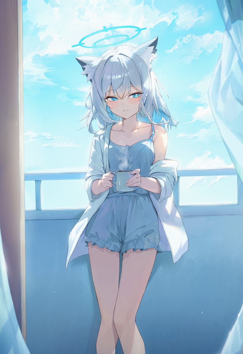 1girl absurdres animal_ear_fluff animal_ears blue_archive blue_camisole blue_eyes blue_halo blue_shorts blue_sky blush camisole closed_mouth cloud coat coffee_mug commentary_request crossed_bangs cup curtains day enokinoko1010 feet_out_of_frame frilled_shorts frills grey_hair hair_between_eyes halo highres holding holding_cup indoors looking_at_viewer medium_hair mismatched_pupils mug off_shoulder open_clothes open_coat shiroko_(blue_archive) shorts sky sleepwear smile solo standing white_coat wolf_ears