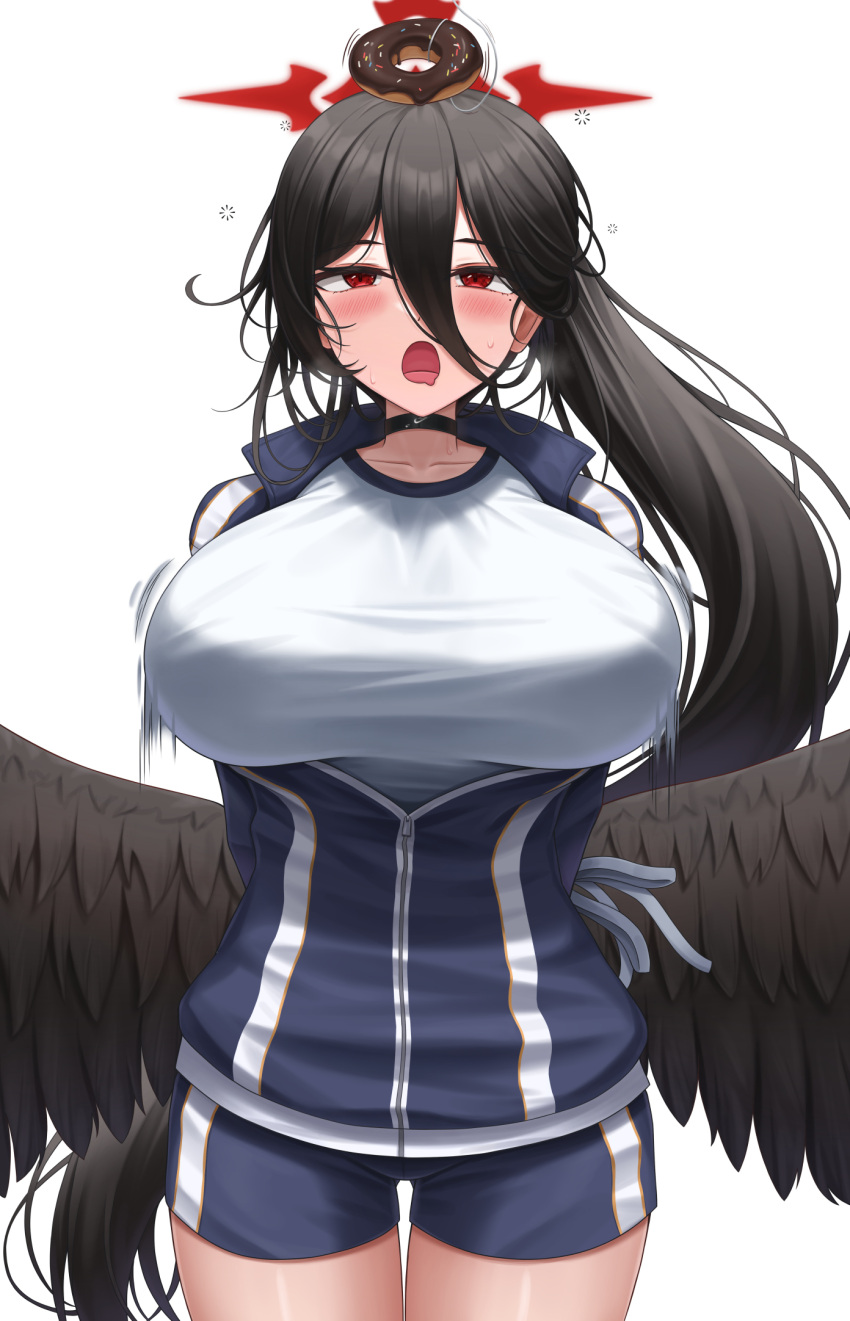 arms_behind_back black_choker black_hair blue_archive bouncing_breasts breasts choker collarbone doughnut feathered_wings food halo hasumi_(blue_archive) hasumi_(track)_(blue_archive) highres jacket large_breasts lazb. low_wings messy_hair open_clothes open_jacket open_mouth ponytail red_eyes red_halo short_shorts shorts straight-on sweat thigh_gap thighs white_background wings