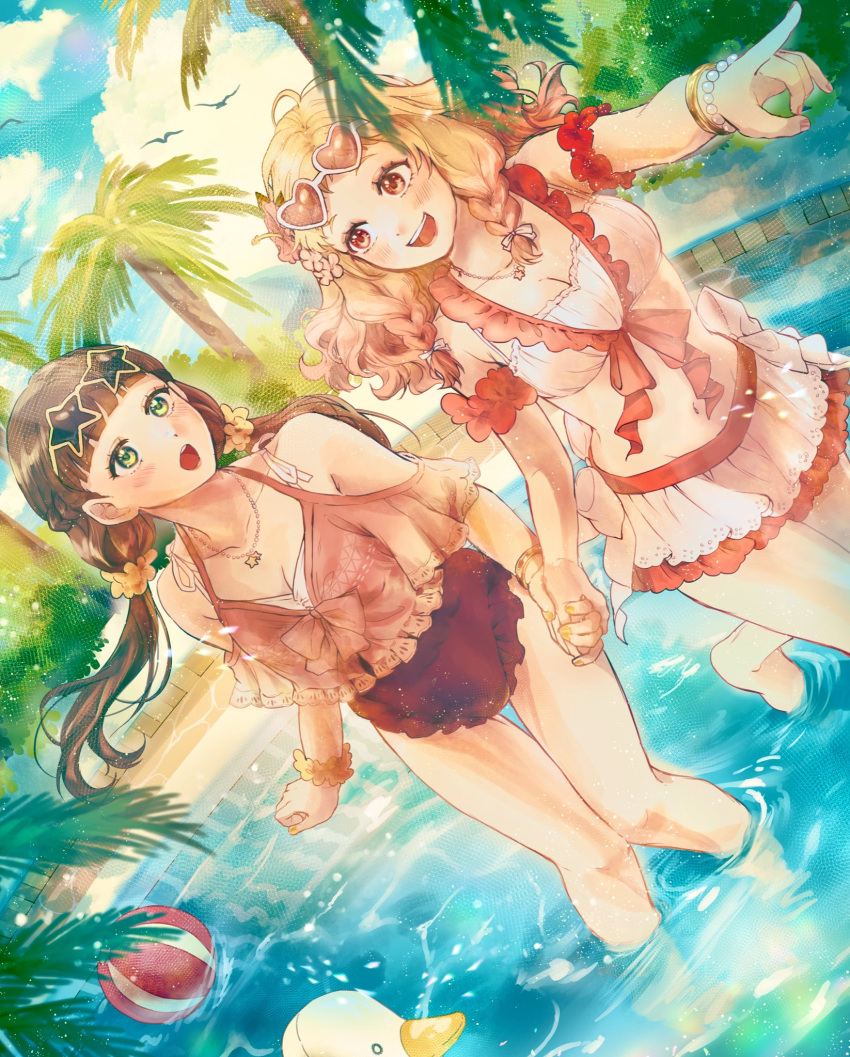 2girls :d arm_scrunchie armpit_crease bikini bikini_skirt bird blonde_hair blunt_bangs blush bow bow_bikini bracelet braid breasts brown_hair brown_one-piece_swimsuit bush casual_one-piece_swimsuit check_commentary cloud collarbone commentary_request detached_sleeves eyewear_on_head flower frilled_bikini frills gold_bracelet gradient_hair green_eyes hair_flower hair_ornament halterneck heart heart-shaped_eyewear highres holding_hands jewelry large_breasts leaning_forward long_hair looking_at_another love_live! love_live!_superstar!! low_twintails multicolored_hair multiple_girls navel necklace one-piece_swimsuit onitsuka_natsumi open_mouth orange_nails palm_tree pearl_bracelet pink_eyes pink_hair pink_nails pointing porkmisonico puffy_detached_sleeves puffy_sleeves ribbon rubber_duck sakurakoji_kinako sky smile star-shaped_eyewear star_(symbol) star_necklace summer sunlight swept_bangs swimsuit teeth thighs tiles tree twin_braids twintails two-tone_bikini upper_teeth_only waist_bow water wavy_hair white_bikini white_bow