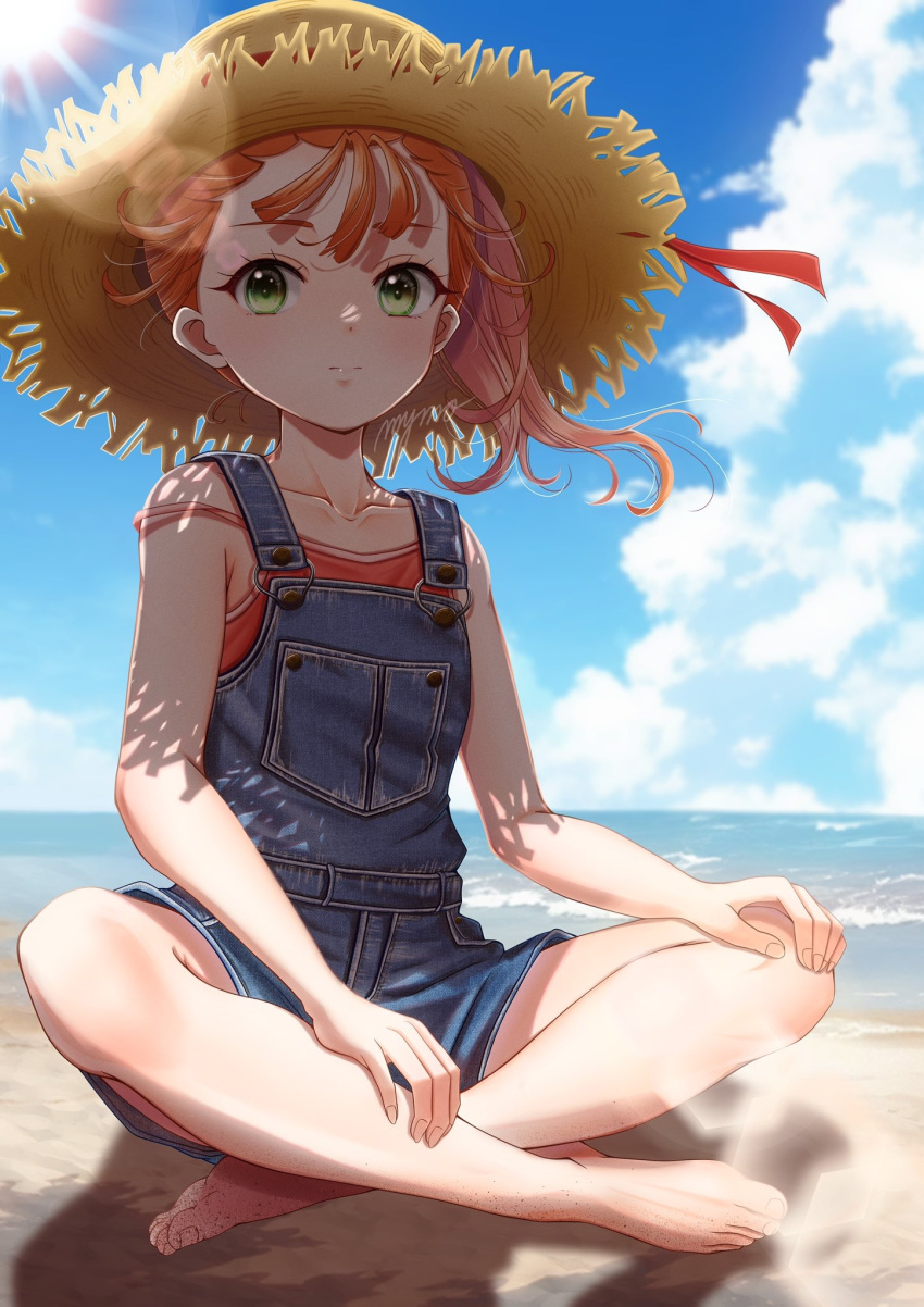 1girl artist_name barefoot beach blue_overalls blue_sky brown_hair brown_hat camisole closed_mouth cloud cloudy_sky day green_eyes hair_pulled_back hand_on_own_knee hat highres horizon indian_style lens_flare light_frown looking_at_viewer mymo0527 natsuumi_manatsu ocean outdoors overall_shorts overalls precure red_camisole shadow side_ponytail signature sitting sky solo strap_slip straw_hat sun_hat sunlight tropical-rouge!_precure wind