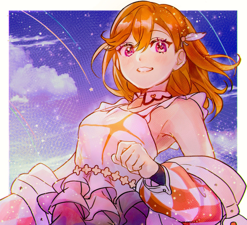 argyle_clothes armpits blush border breasts check_commentary clenched_hand clenched_teeth cloud collar commentary_request detached_collar dress frilled_dress frilled_skirt frills hair_ornament hajimari_wa_kimi_no_sora heart highres jacket looking_at_viewer love_live! love_live!_superstar!! medium_hair open_clothes open_jacket orange_hair porkmisonico purple_eyes shibuya_kanon shooting_star skirt sky sleeve_cuffs sleeveless sleeveless_dress smile solo star_(sky) star_(symbol) starry_sky swept_bangs teeth upper_body white_border white_dress white_jacket