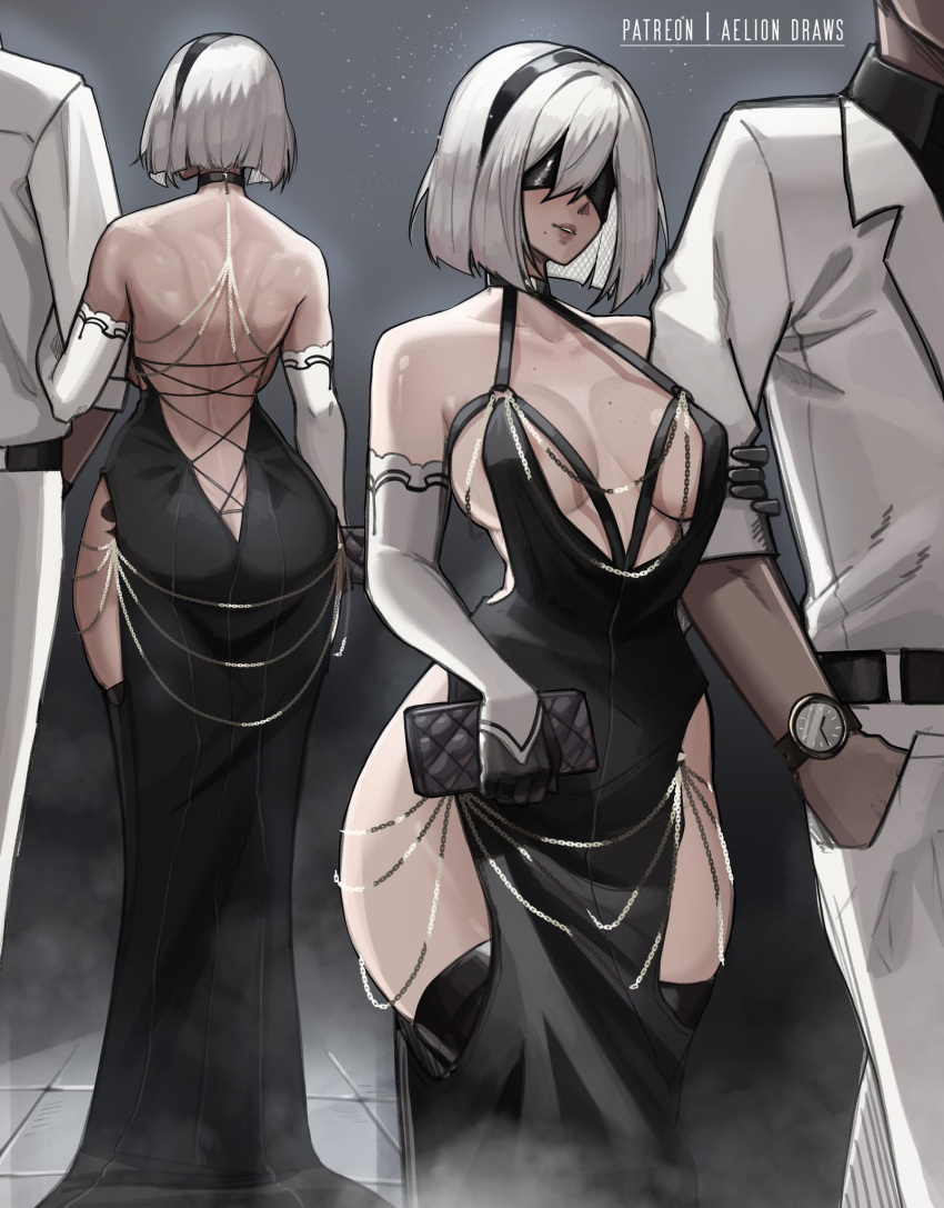 1boy 1girl 2b_(nier:automata) aelion_draws ass backless_dress backless_outfit bag black_blindfold black_dress black_footwear black_hairband blindfold boots breasts chain criss-cross_back-straps dress english_commentary evening_gown gold_chain hairband halter_dress halterneck handbag highres hip_vent holding holding_bag large_breasts meme_attire modakawa_dress mole mole_under_mouth multiple_views nier:automata nier_(series) paid_reward_available parted_lips patreon_username short_hair simple_background smile suit thigh_boots tight_clothes tight_dress watch white_hair white_suit wristwatch