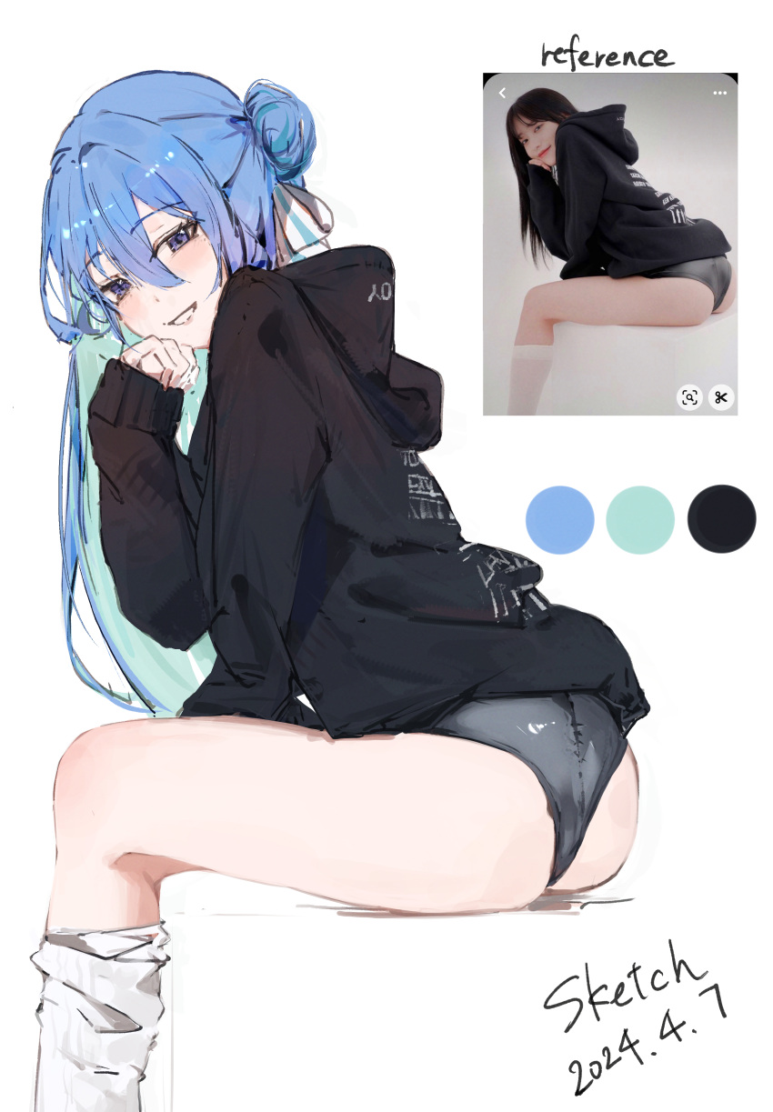 absurdres art_study ass black_sweater blue_eyes blue_hair color_guide hair_bun highres hololive hood hoodie hoshimachi_suisei looking_at_viewer loose_socks reference_sheet single_hair_bun socks sweater virgo76612871