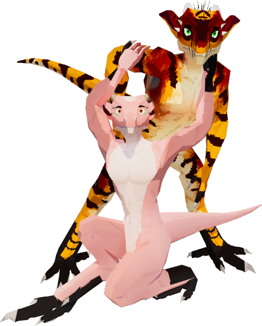 3d_(artwork) ambiguous_gender anthro claws digital_media_(artwork) duo gavit hi_res horn humanoid kobold kobold_dellarte low_poly reptile scalie simple_background tail vogue