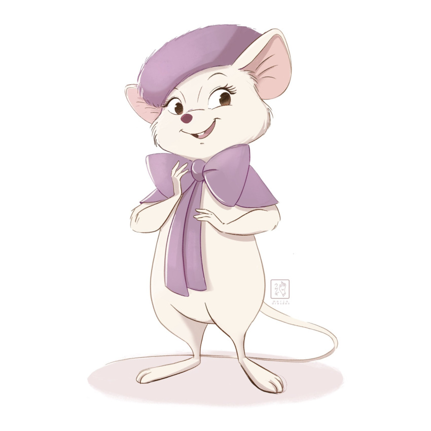 1other artist_logo artist_name bow brown_eyes full_body highres miadresden miss_bianca mouse no_humans open_mouth purple_bow purple_hat simple_background solo standing the_rescuers white_background