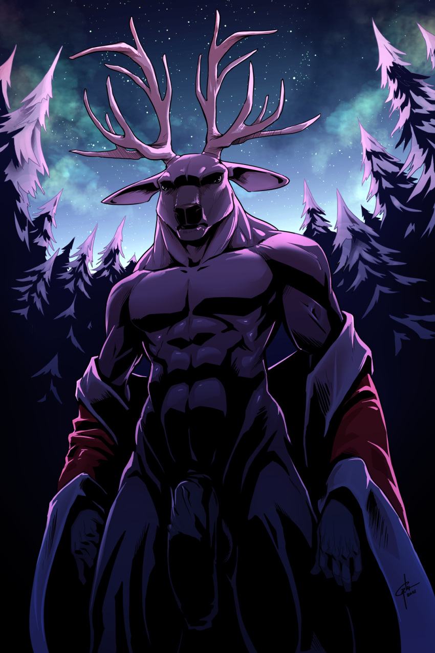 2:3 abs anthro antlers cervid cervine clothed clothing flaccid genitals hi_res horn male mammal muscular muscular_male penis pose solo standing temporalwolf