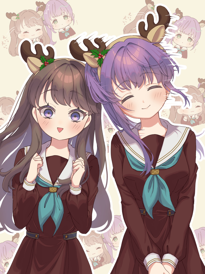 2girls :3 ^_^ absurdres animal_ear_hairband animal_ears antlers aqua_neckerchief blank_eyes blush breasts brown_dress brown_hair brown_hairband chibi chibi_inset clenched_hands closed_eyes closed_mouth commentary_request deer_ears dress fake_animal_ears fake_antlers false_smile fujishima_megumi hairband hands_up hasu_no_sora_school_uniform headbutt highres hiyori_(20hiyori727) holly horns light_brown_background link!_like!_love_live! long_hair long_sleeves looking_at_viewer love_live! medium_breasts multiple_girls neckerchief otomune_kozue outline pleated_dress purple_eyes purple_hair reindeer_antlers sailor_collar sailor_dress school_uniform side_ponytail sidelocks smile speed_lines triangle_mouth two_side_up v_arms white_outline white_sailor_collar winter_uniform