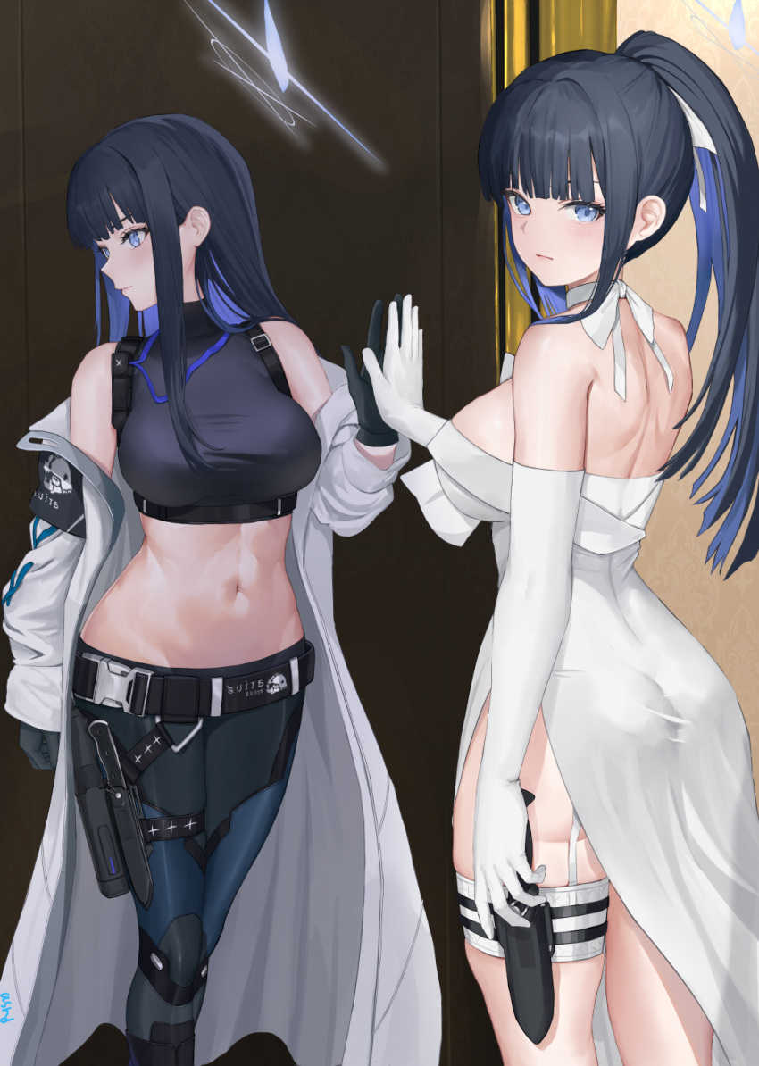 1girl ass asurada_yui back bare_shoulders belt black_belt black_hair black_pants black_shirt black_thighhighs blue_archive blue_eyes blue_hair blue_halo blunt_bangs breasts buckle chest_harness choker cleavage closed_mouth coat colored_inner_hair commentary crop_top different_reflection dress elbow_gloves full-length_mirror garter_straps gloves groin halo harness highres holster knife knife_sheath large_breasts long_hair looking_at_viewer looking_back midriff mirror multicolored_hair navel no_mask off_shoulder official_alternate_costume official_alternate_hairstyle pants ponytail reflection saori_(blue_archive) saori_(dress)_(blue_archive) sheath shirt sidelocks sleeveless sleeveless_shirt snap-fit_buckle standing strapless strapless_dress taut_clothes taut_shirt thigh_holster thigh_sheath thigh_strap thighhighs two-tone_hair white_choker white_coat white_dress white_garter_straps white_gloves