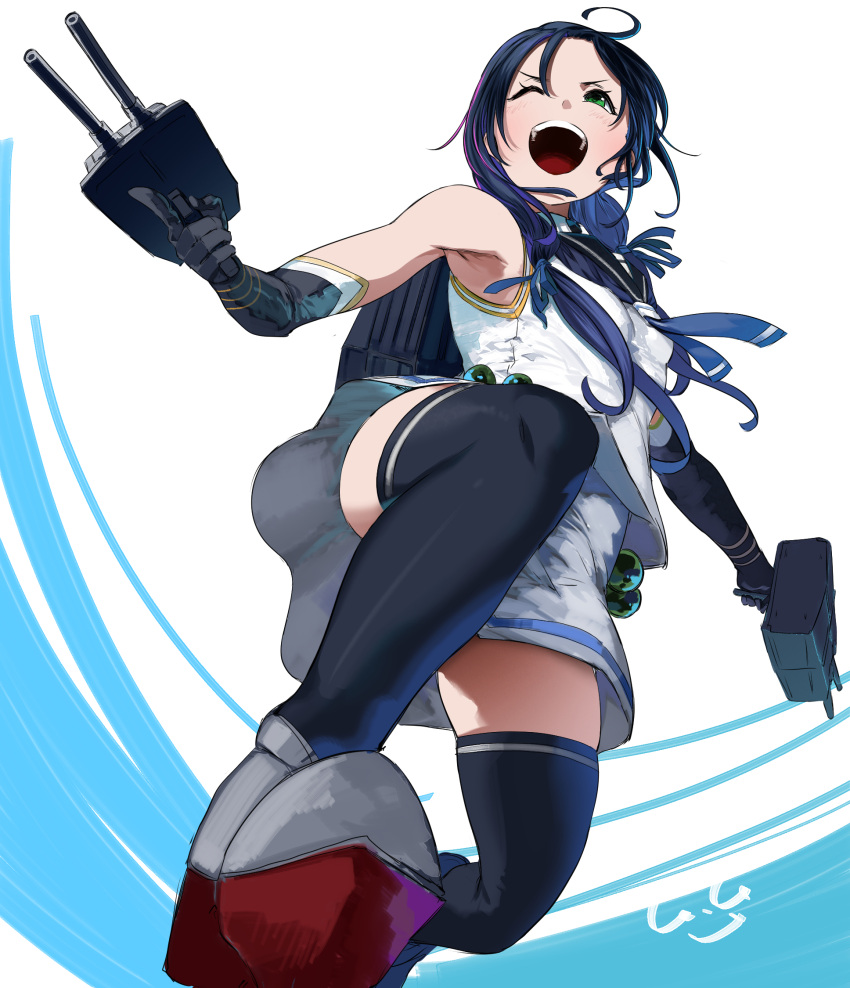 1girl adapted_turret ahoge black_neckerchief blue_background blue_hair blush breasts elbow_gloves gegeron gloves gradient_hair green_eyes gun hair_ribbon highres kantai_collection long_hair low_twintails multicolored_hair neckerchief one_eye_closed open_mouth ribbon sailor_collar school_uniform serafuku signature skirt sleeveless small_breasts smile suzukaze_(kancolle) thighhighs torpedo_launcher torpedo_tubes twintails weapon white_background white_serafuku