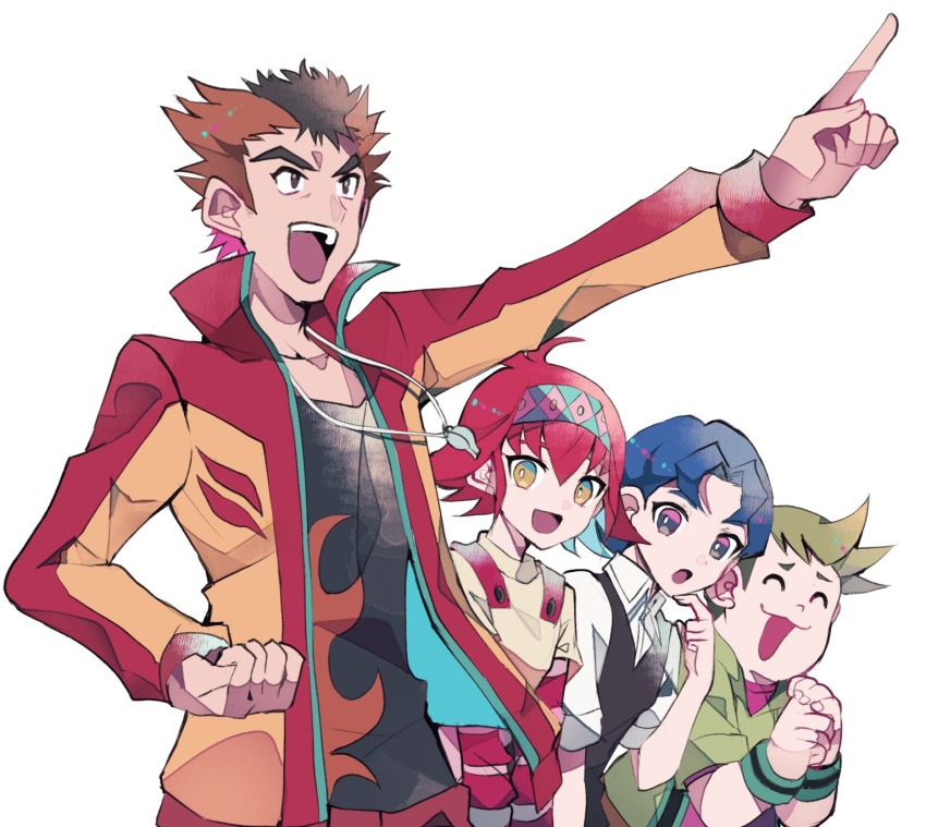 1girl 3boys ayu_(yu-gi-oh!) black_hair black_shirt blue_eyes blue_hair brown_eyes brown_hair futoshi_(yu-gi-oh!) green_hair highres hiiragi_shuzou jacket multiple_boys open_mouth print_shirt red_hair red_jacket shirt short_hair spiked_hair tasutekete tatsuya_(yu-gi-oh!) teeth upper_teeth_only yu-gi-oh! yu-gi-oh!_arc-v