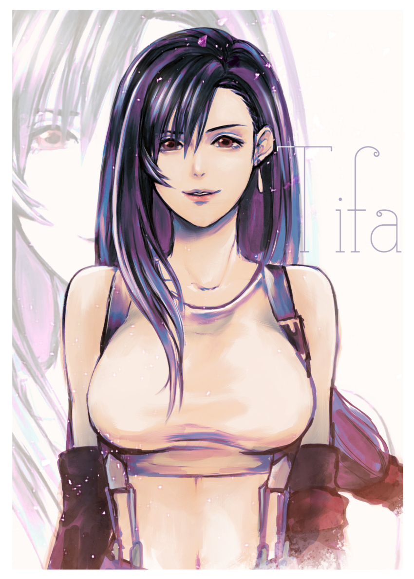 1girl azuiyo7210 bare_shoulders black_gloves black_hair breasts character_name collarbone crop_top earrings elbow_gloves final_fantasy final_fantasy_vii gloves hair_behind_ear hair_between_eyes highres jewelry large_breasts long_hair looking_at_viewer low-tied_long_hair midriff navel parted_lips red_eyes red_lips single_earring single_sidelock skirt solo suspender_skirt suspenders swept_bangs tank_top teardrop_earrings tifa_lockhart upper_body white_tank_top