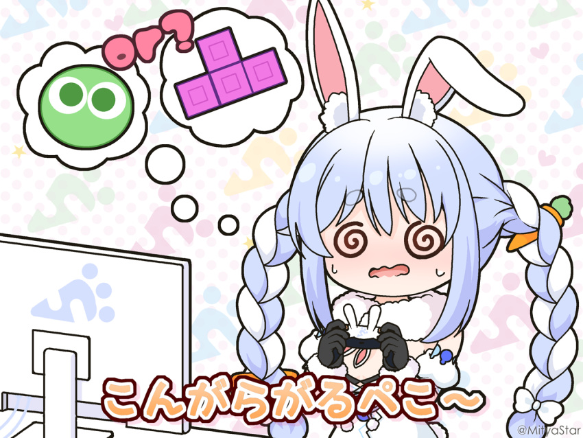 1girl @_@ animal_ear_fluff animal_ears blue_hair bow braid carrot_hair_ornament commentary_request detached_sleeves don-chan_(usada_pekora) dress facing_viewer food-themed_hair_ornament hair_between_eyes hair_bow hair_ornament hands_up holding hololive mitya monitor multicolored_hair open_mouth polka_dot polka_dot_background puffy_short_sleeves puffy_sleeves puyo_(puyopuyo) puyopuyo rabbit_ears short_eyebrows short_sleeves solo strapless strapless_dress sweat tetris thick_eyebrows translation_request twin_braids twintails twitter_username two-tone_hair usada_pekora usada_pekora_(1st_costume) wavy_mouth white_background white_bow white_dress white_hair white_sleeves