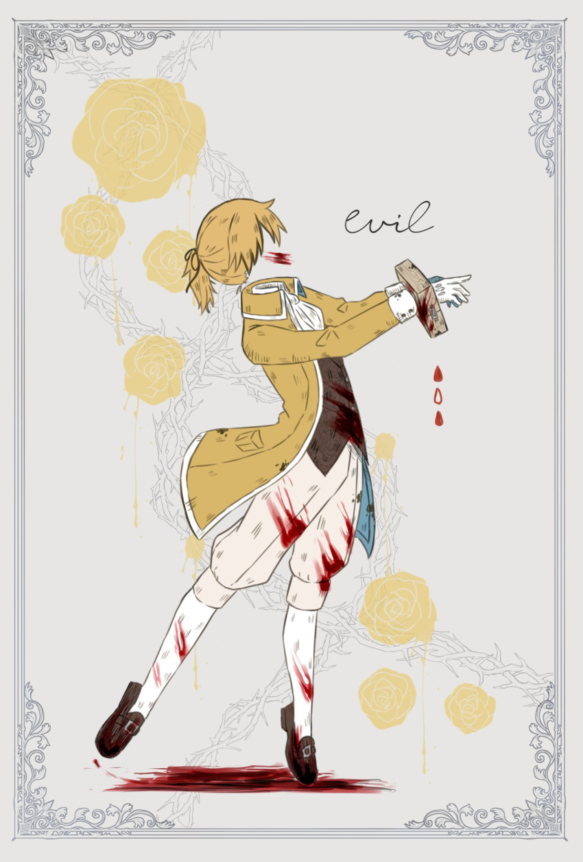 1boy aku_no_meshitsukai_(vocaloid) allen_avadonia aristocratic_clothes ascot ballerina bleeding blonde_hair blood blood_on_clothes blood_on_face border bound bound_wrists brown_footwear brown_vest cuffs dancing english_text evillious_nendaiki flower from_side full_body gloves grey_background highres invisible kagamine_len kuiruri long_sleeves male_focus ornate_border outstretched_arms plantar_flexion reaching rose shackles shoes shorts socks solo standing standing_on_one_leg thorns vest white_ascot white_gloves white_socks yellow-collared_macaw yellow_flower yellow_rose yellow_theme