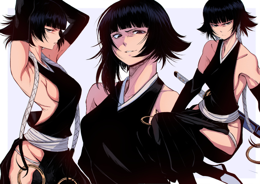 1girl absurdres arms_on_head black_hair bleach breasts brown_eyes from_side highres jesse_schickler looking_at_viewer ninja short_hair sideboob smile stretching sui-feng sword twintails weapon