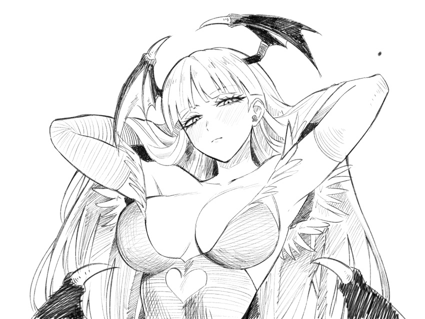 1girl arms_behind_head bat_wings blush breasts cleavage demon_girl greyscale hand_in_own_hair highres long_hair looking_at_viewer monochrome morrigan_aensland sketch upper_body vampire_(game) wings zeon_(zzeeonn)