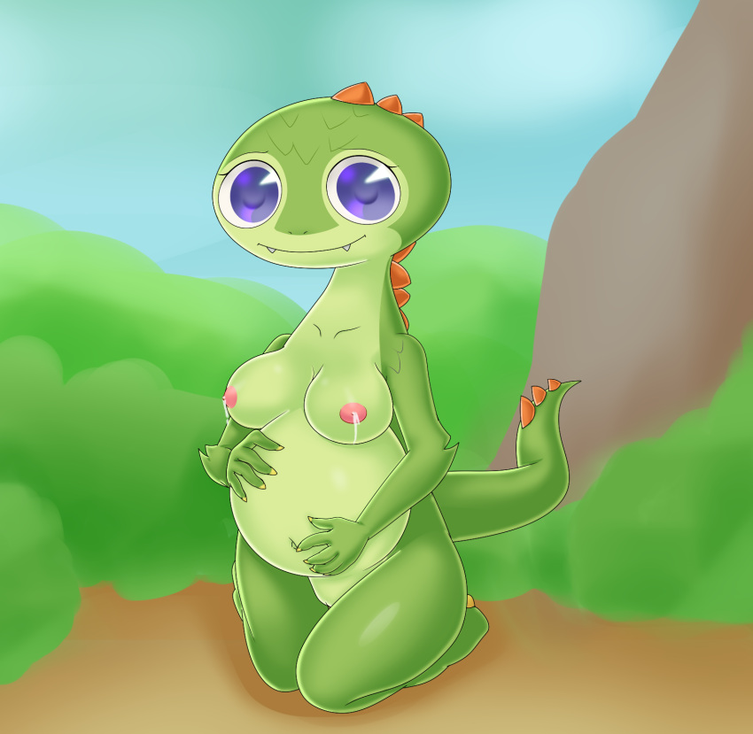 anthro belly big_belly breasts female green_body hi_res milk pregnant pregnant_belly pregnant_female purple_eyes scales solo spiked_tail spikes spikes_(anatomy) takaneru_(artist) the_legend_of_zelda:_oracle_of_ages tokay