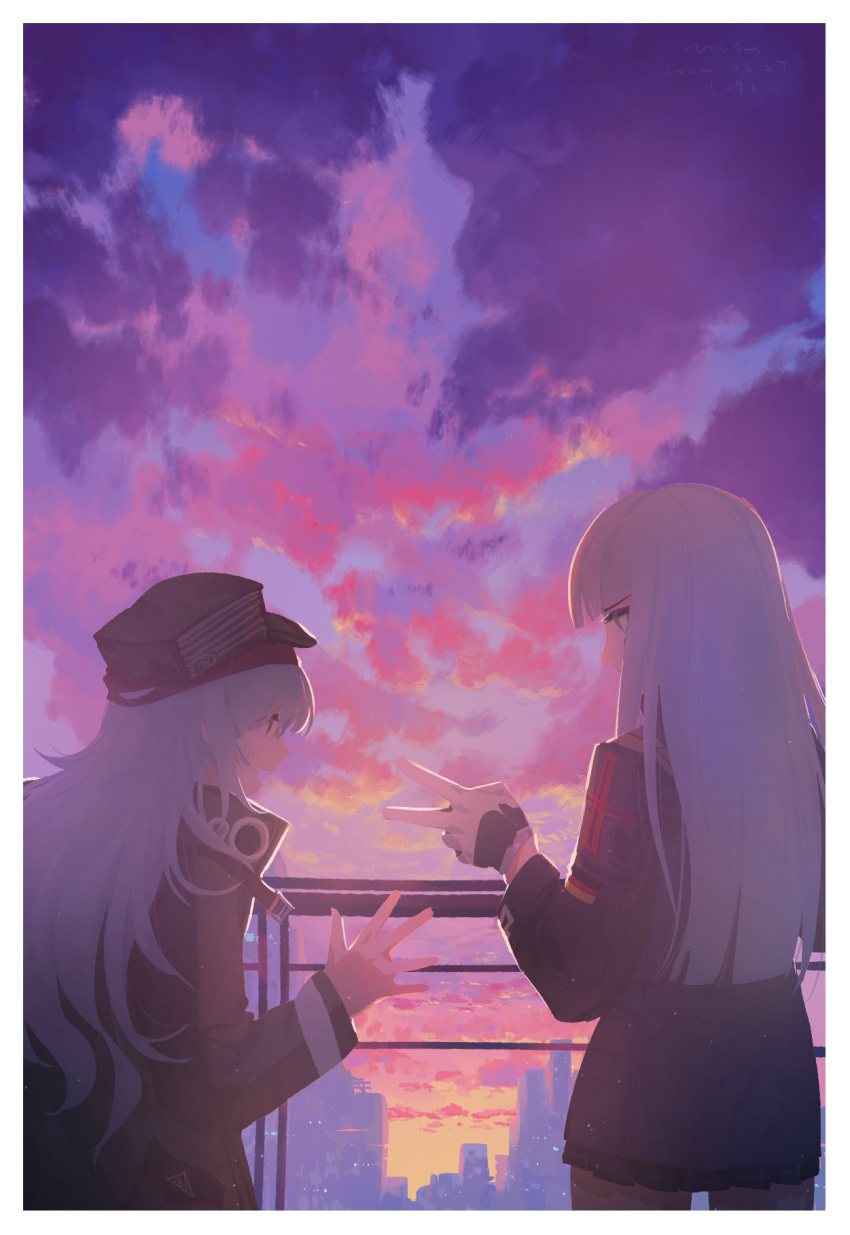 2girls :d ^_^ blunt_bangs city closed_eyes cloud g11_(girls'_frontline) girls'_frontline gloves green_eyes hat highres hk416_(girls'_frontline) jacket long_hair multiple_girls mush outdoors pleated_skirt skirt smile sunset very_long_hair white_hair