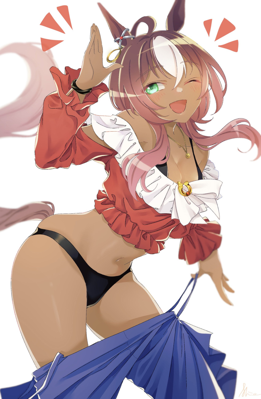 1girl ;d absurdres ahoge animal_ears bare_shoulders bikini black_bikini blue_skirt blurry blush breasts brown_hair cleavage clothes_pull cowboy_shot dark-skinned_female dark_skin darley_arabian_(umamusume) depth_of_field ear_ornament frilled_shirt frills green_eyes hair_between_eyes hand_up highres horse_ears horse_girl horse_tail jewelry long_hair long_sleeves looking_at_viewer medium_breasts midriff multicolored_hair navel necklace off-shoulder_shirt off_shoulder one_eye_closed open_mouth pendant red_shirt shirt signature simple_background skirt skirt_pull smile solo standing streaked_hair swimsuit tail two-tone_hair umamusume undressing white_background white_eyes_(20220506white) white_hair