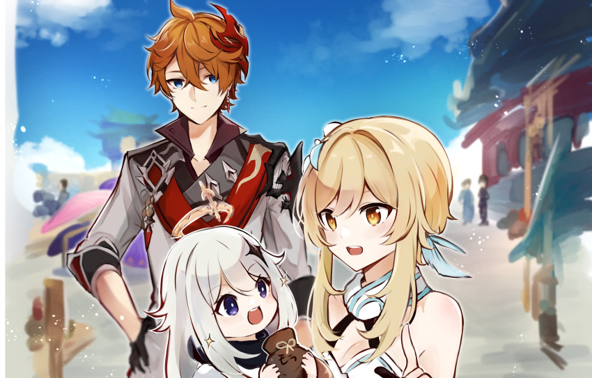 1boy 2girls architecture bag bare_shoulders blonde_hair blue_eyes blue_sky breasts cape capelet cleavage coat collared_shirt dress earrings east_asian_architecture feathers flower genshin_impact gloves hair_between_eyes hair_feathers hair_flower hair_ornament halo highres holding holding_bag jewelry kuroha1873 lumine_(genshin_impact) mask mask_on_head multiple_girls orange_hair outdoors paimon_(genshin_impact) shirt short_hair sky tartaglia_(genshin_impact) white_dress white_hair yellow_eyes