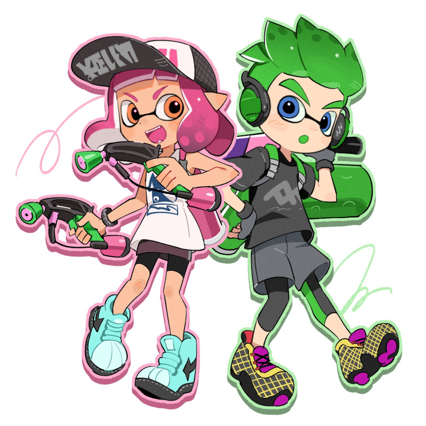 1boy 1girl baseball_cap bike_shorts black_leggings blue_eyes blue_footwear commentary dual_wielding green_hair grey_shirt grey_shorts gun hat headphones hg_swdiary highres holding holding_gun holding_weapon inkling inkling_boy inkling_girl inkling_player_character leggings leggings_under_shorts medium_hair multicolored_footwear open_mouth orange_eyes pink_hair print_headwear print_shirt shirt shoes short_hair shorts simple_background smile splat_dualies_(splatoon) splat_roller_(splatoon) splatoon_(series) splatoon_2 teeth tentacle_hair thick_eyebrows weapon white_background white_shirt yellow_footwear