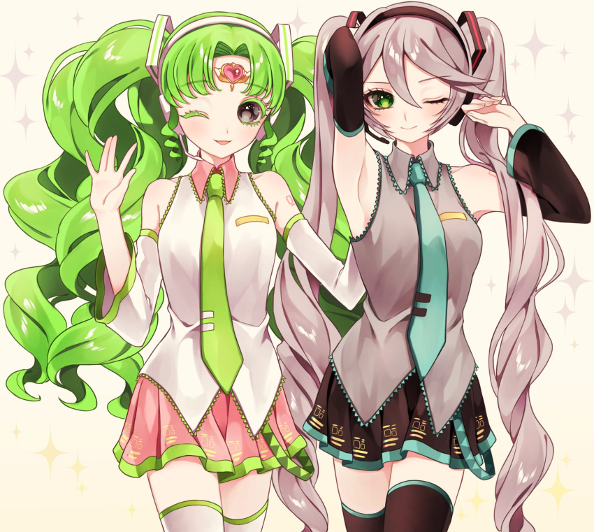 2girls ;) ;d ao_(ao0_0nemu) arm_up armpits bad_id bad_twitter_id bare_shoulders black_sleeves blue_necktie closed_mouth collared_shirt colored_eyelashes commentary_request cosplay cowboy_shot detached_sleeves falulu falulu_(awakened) forehead_jewel green_eyes green_hair green_necktie grey_eyes grey_hair grey_shirt hair_between_eyes hands_up hatsune_miku hatsune_miku_(cosplay) headphones headset highres long_hair looking_at_viewer miniskirt multiple_girls necktie one_eye_closed open_hand open_mouth parted_bangs pink_skirt pleated_skirt pretty_series pripara shikyoin_hibiki shirt sidelocks skirt sleeveless sleeveless_shirt smile standing thighhighs twintails very_long_hair vocaloid white_shirt
