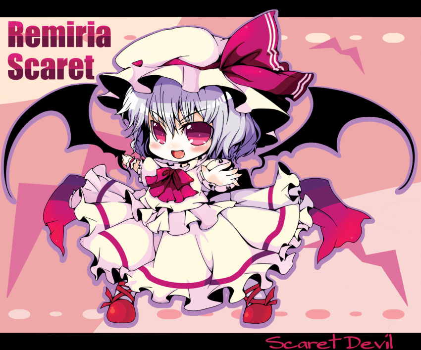 1girl bat_wings bow bowtie character_name chibi english_text engrish_text fang frilled_shirt frilled_skirt frilled_sleeves frills full_body hair_between_eyes hat hat_ribbon hebereke_black medium_hair mob_cap open_mouth pink_background pink_bow pink_bowtie pink_eyes pink_hat pink_shirt pink_skirt puffy_short_sleeves puffy_sleeves purple_hair ranguage red_footwear red_ribbon remilia_scarlet ribbon shirt short_sleeves skirt skirt_set solo touhou v-shaped_eyebrows wings