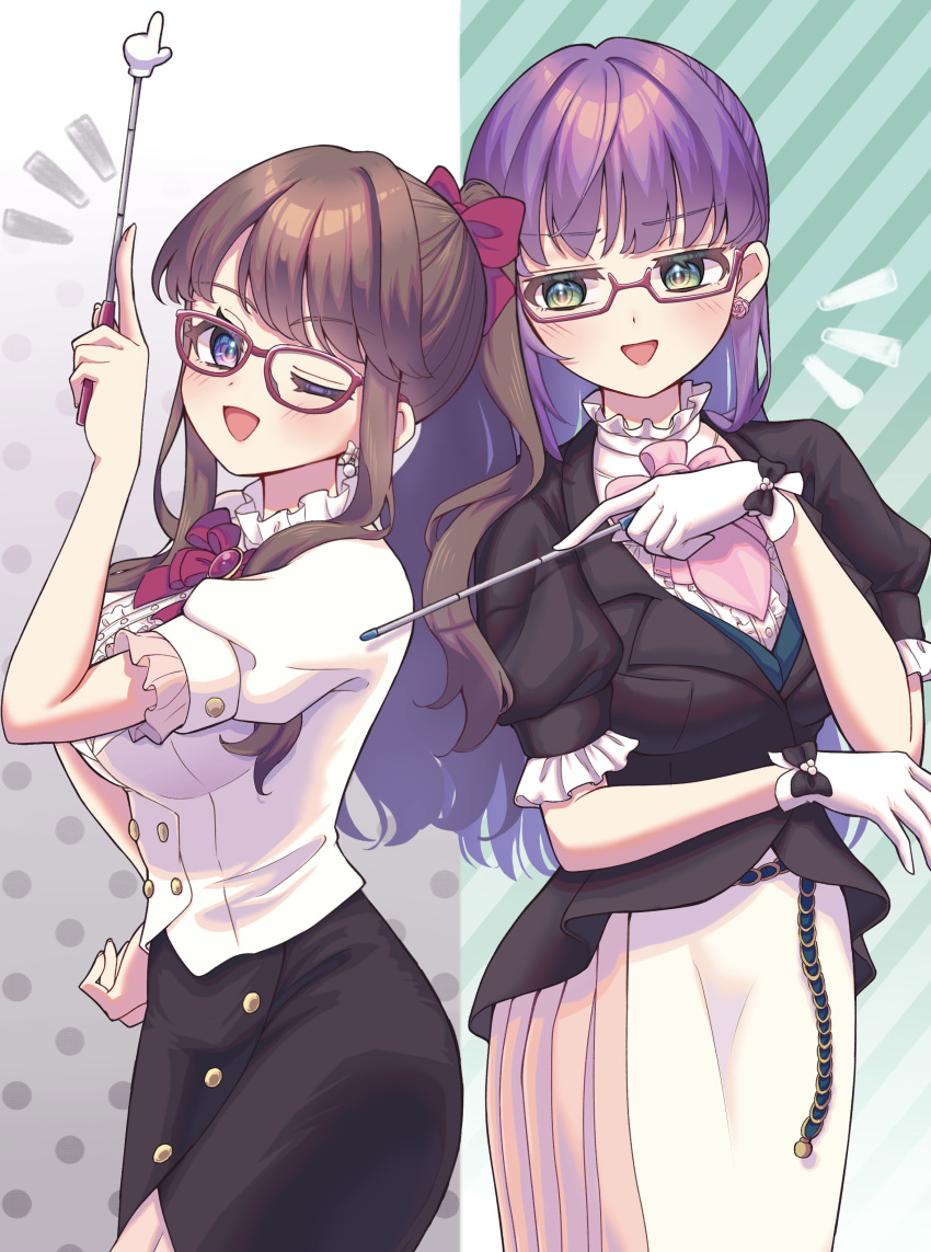 2girls :d ;d absurdres bespectacled black_jacket black_skirt blush bow bow_earrings bowtie breasts brown_hair buttons commentary_request double-breasted earrings flower_earrings frilled_shirt frills fujishima_megumi glaring glasses gloves gradient_background green_background green_eyes grey_background hair_bow half_updo hand_on_own_hip hand_up highres hiyori_(20hiyori727) holding holding_pointer jacket jewelry large_breasts link!_like!_love_live! long_hair looking_at_another looking_at_viewer love_live! medium_breasts multicolored_background multiple_girls notice_lines official_alternate_costume official_alternate_hairstyle one_eye_closed open_mouth otomune_kozue partial_commentary pink_bow pink_bowtie pointer pointing pointing_at_another pointing_up polka_dot polka_dot_background ponytail puffy_short_sleeves puffy_sleeves purple_eyes purple_hair red-framed_eyewear red_bow red_bowtie semi-rimless_eyewear shirt short_sleeves sidelocks single_sidelock skirt smile striped_background under-rim_eyewear virtual_youtuber white_background white_gloves white_jacket white_shirt white_skirt