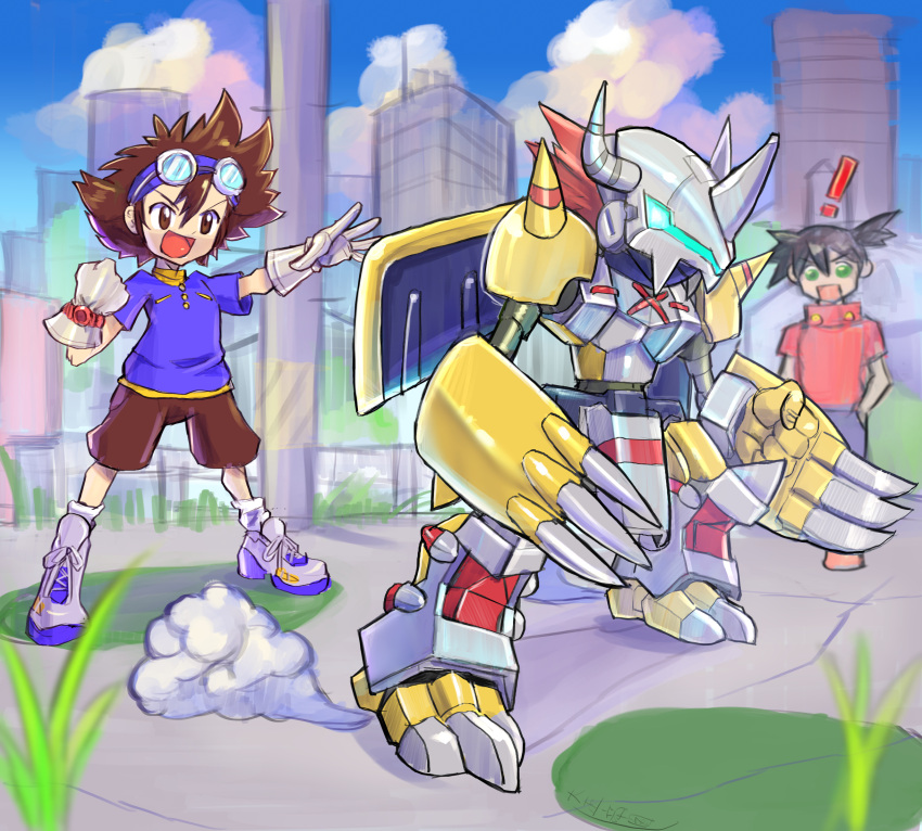 ! 3boys armor black_hair blue_shirt blurry blurry_background brown_hair brown_shorts building city cloud crotch_plate digimon digimon_adventure dragon gloves glowing glowing_eyes goggles goggles_on_head highres horns humanoid_robot mechanical_wings medarot medium_hair multiple_boys non-humanoid_robot oomasa_teikoku outdoors outstretched_arm red_hair red_shirt robot robot_dragon shirt shoes shorts skyscraper spiked_hair spikes tenryou_ikki wargreymon watch white_footwear white_gloves wings wristwatch yagami_taichi yellow_armor