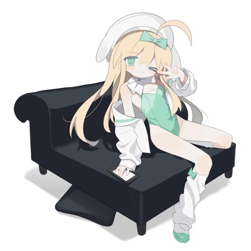 1girl ;) ahoge beret blonde_hair bow couch daizu_(melon-lemon) full_body green_bow green_eyes green_footwear hair_bow hat highres long_hair on_couch one_eye_closed original simple_background smile solo white_background white_beret