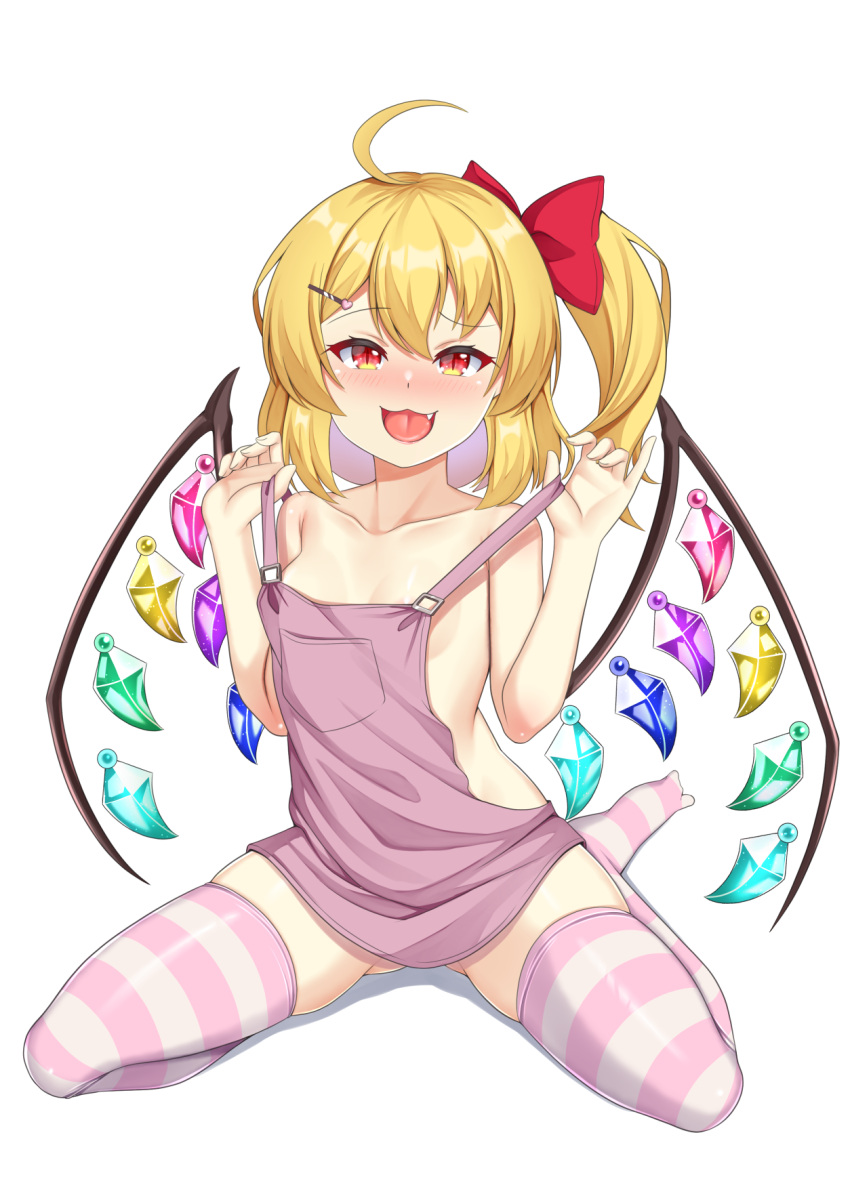 1girl :3 ahoge akasaka_sato alternate_costume ass_visible_through_thighs blonde_hair blush bow breasts collarbone commentary_request crystal fang flandre_scarlet full_body hair_bow hair_ornament hairclip hands_up highres looking_at_viewer medium_hair naked_overalls no_headwear nose_blush one_side_up overalls raised_eyebrow red_bow simple_background sitting slit_pupils small_breasts solo strap_pull striped_clothes striped_thighhighs thighhighs tongue tongue_out touhou wariza white_background wings