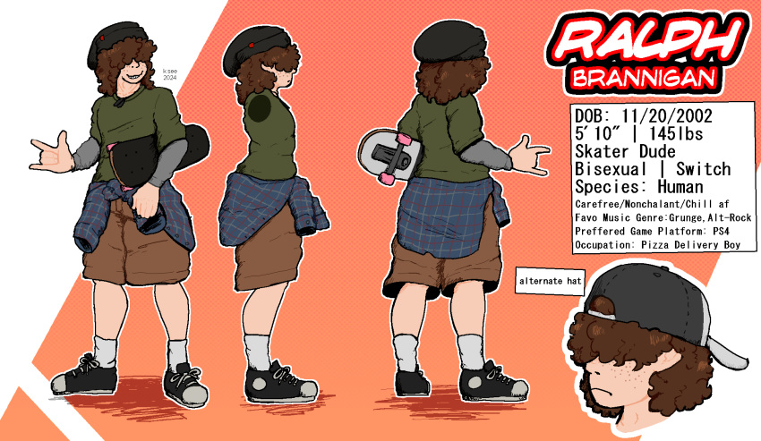 2024 alternate_version_at_source beanie clothing converse_shoes curled_hair digital_drawing_(artwork) digital_media_(artwork) dog_tags freckles_on_face hair hat headgear headwear hi_res human k.see male mammal model_sheet not_furry ralph_(k.see) skateboard skater solo vehicle