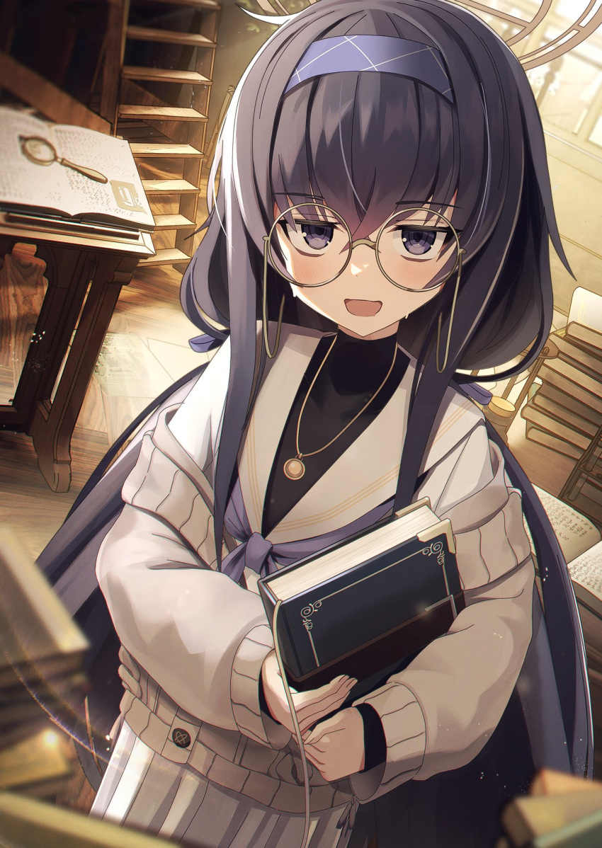 1girl black_hair blue_archive blush book brown_sweater glasses hair_between_eyes halo headband highres holding holding_book jewelry looking_at_viewer necklace open_mouth purple_eyes purple_ribbon ribbon skirt smile solo sweater three_quarter_view ui_(blue_archive) white_skirt xaiqi