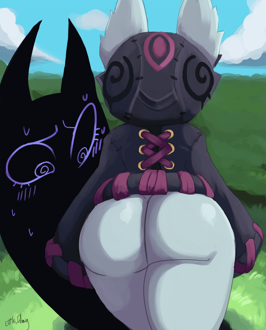 absurd_res ambiguous_gender big_butt black_body black_clothing black_hoodie black_topwear blush bodily_fluids bottomless butt clothed clothing cloud duo female glistening glistening_butt grass grey_body hi_res hoodie humanoid humanoid_pointy_ears league_of_legends light lighting little_ddraig looking_at_another looking_at_butt nervous plant public public_nudity rear_view riot_games shadow_(lol) shadow_creature short_stack signature sky sweat topwear vex_(lol) yordle