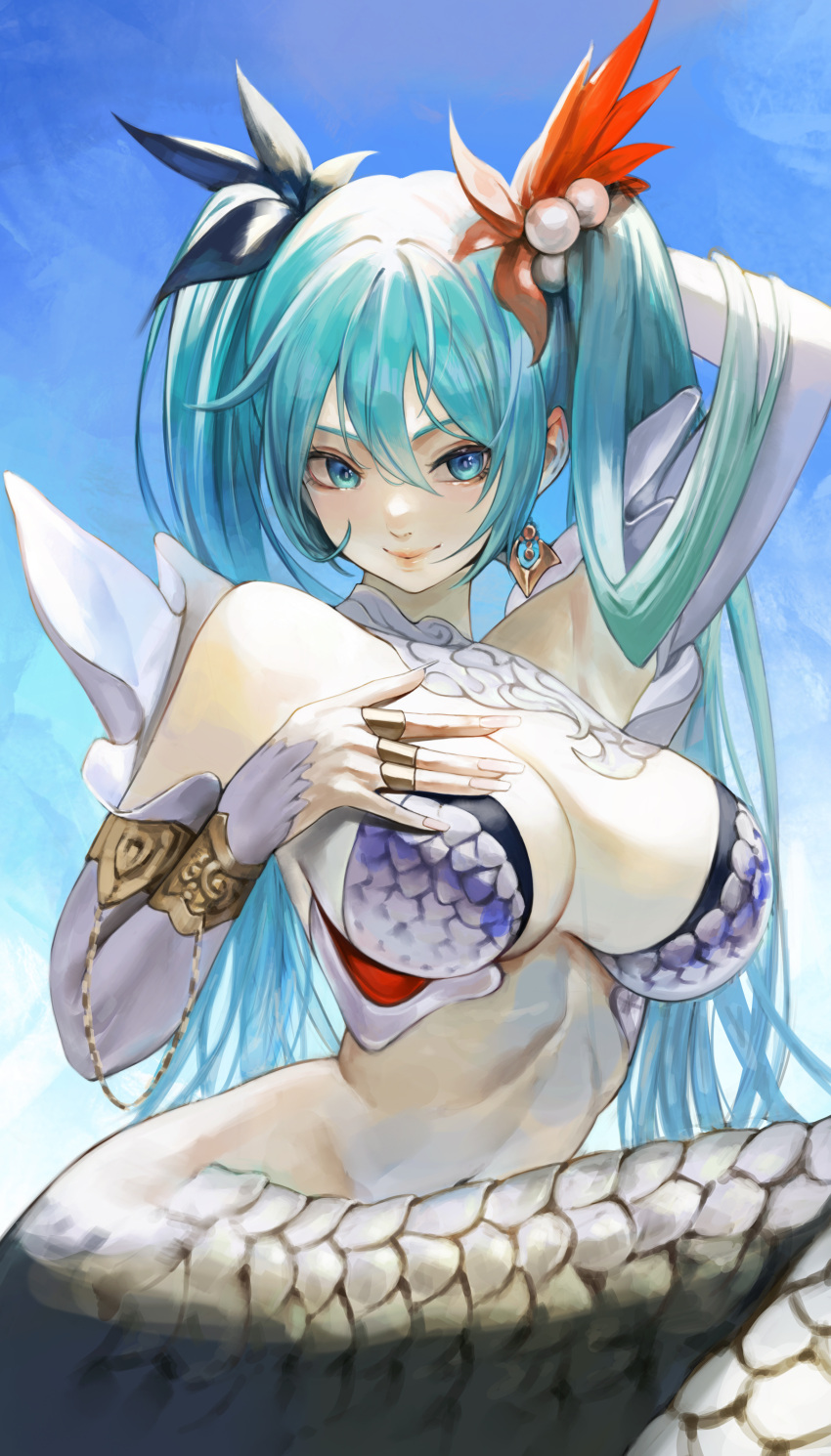 1girl absurdres alternate_costume aqua_eyes aqua_hair blue_sky breasts cleavage closed_mouth commentary detached_sleeves earrings english_commentary fingernails hair_between_eyes hair_ornament hatsune_miku highres jewelry large_breasts lips long_hair looking_at_viewer mermaid monster_girl multiple_rings navel outdoors ring sky smile solo sr911656337775 twintails vocaloid white_sleeves