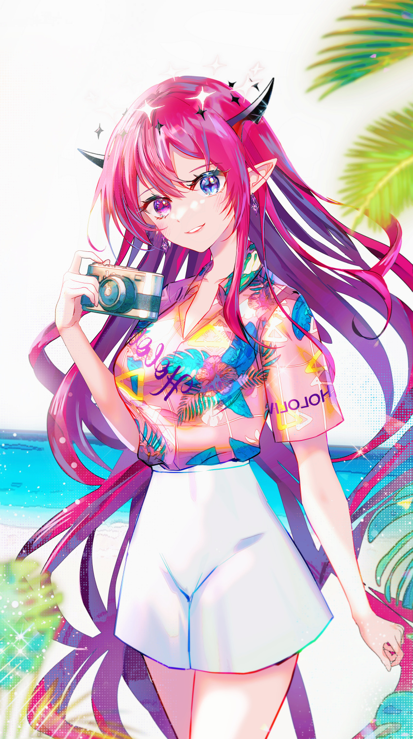 1girl absurdres arm_at_side beach blue_eyes camera collared_shirt commentary cross-shaped_pupils earrings floral_print floral_print_shirt halo hawaiian_shirt head_tilt heterochromia highres hololive hololive_english horns irys_(hololive) jewelry long_hair looking_at_viewer multicolored_hair ocean official_alternate_costume outdoors palm_tree parted_lips pink_eyes pink_hair pink_shirt pointy_ears print_shirt purple_hair red_hair shirt short_sleeves shorts smile solo sowon summer symbol-only_commentary symbol-shaped_pupils tree tropical very_long_hair virtual_youtuber white_shorts