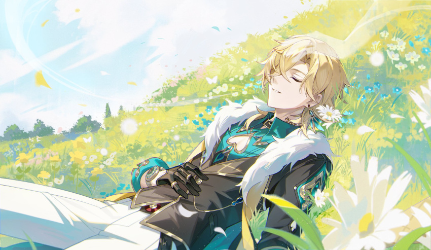 1boy aqua_shirt autumnlll aventurine_(honkai:_star_rail) black_gloves blonde_hair blue_sky closed_eyes clothing_cutout collared_shirt earrings flower fur_trim gloves grass hair_over_one_eye highres honkai:_star_rail honkai_(series) jewelry lying male_focus neck_tattoo on_back on_grass pants ring shirt short_hair sky solo tattoo watch white_pants wristwatch