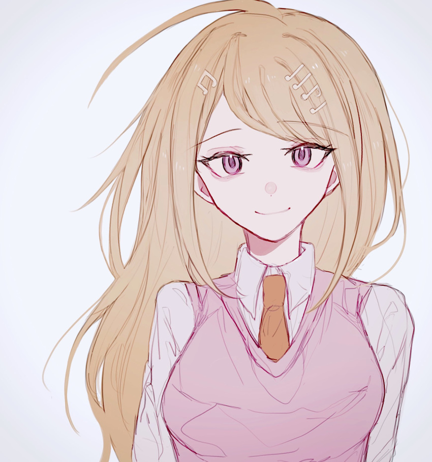 1girl ahoge akamatsu_kaede blonde_hair breasts closed_mouth collared_shirt danganronpa_(series) danganronpa_v3:_killing_harmony grey_background grey_shirt hair_ornament highres large_breasts long_hair musical_note musical_note_hair_ornament necktie ni_yomu orange_necktie pink_eyes pink_sweater_vest shirt simple_background smile solo sweater_vest upper_body