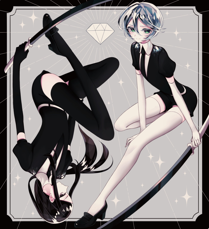 1boy 1girl andou_rei ao_(ao0_0nemu) bad_id bad_twitter_id black_border black_footwear black_gloves black_hair black_necktie black_shirt black_shorts black_thighhighs border closed_mouth collared_shirt commentary_request cosplay elbow_gloves full_body gem_(symbol) gem_uniform_(houseki_no_kuni) gloves green_eyes grey_background grey_hair hair_between_eyes highres holding holding_sword holding_weapon houseki_no_kuni loafers long_hair looking_at_viewer necktie pretty_series pripara rotational_symmetry shikyoin_hibiki shirt shoes short_hair short_sleeves shorts smile sword thighhighs upside-down weapon white_gloves white_shirt white_thighhighs