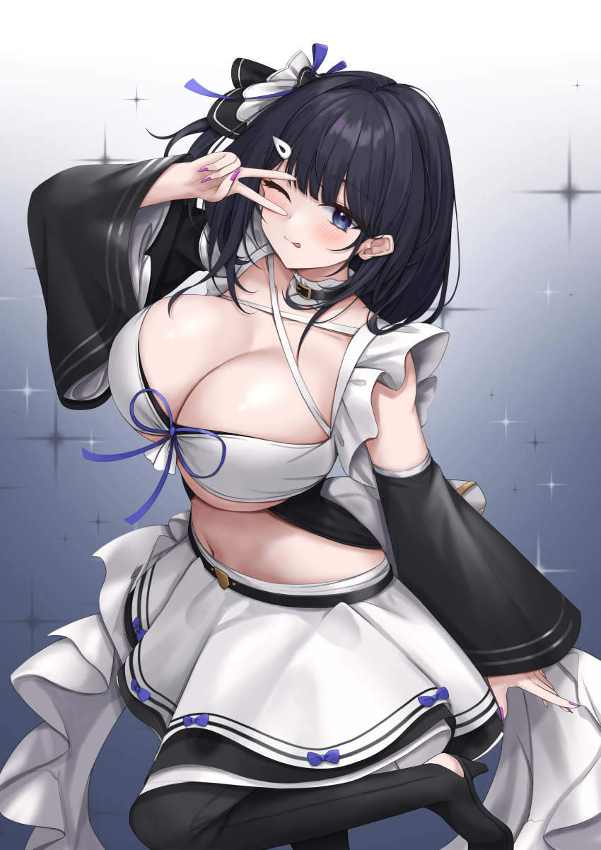 1girl :p absurdres azur_lane black_hair blue_eyes blush breasts cleavage closed_mouth gradient_background hair_ornament hand_up highres large_breasts liverpool_(azur_lane) long_hair long_sleeves looking_at_viewer nail_polish navel one_eye_closed purple_nails skirt smile solo tongue tongue_out ueyama_0clock v white_skirt