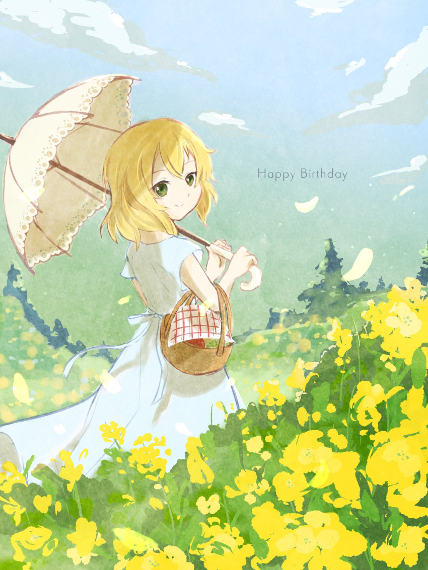 1girl apple basket birthday blonde_hair blue_dress blue_sky carrying child closed_mouth cloud commentary_request day double-parted_bangs dress english_text eyelashes falling_petals flower food from_behind fruit full_body grapes grass green_eyes happy_birthday highres holding holding_umbrella idolmaster idolmaster_cinderella_girls light_blue_dress long_dress looking_at_viewer looking_back medium_bangs medium_hair napkin nyon_(so4ra8) outdoors parasol petals picnic_basket sakurai_momoka short_sleeves sidelocks sky smile solo standing sundress tree turning_head umbrella wavy_hair white_umbrella yellow_flower yellow_petals