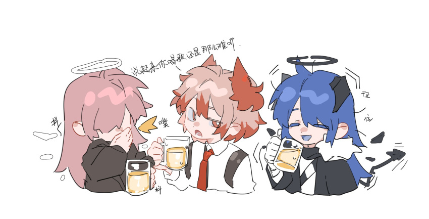 3girls alcohol arknights beer beer_mug black_jacket blue_hair bright_pupils chibi closed_eyes collared_shirt cup demon_horns demon_tail energy_wings feather_hair fiammetta_(arknights) fur-trimmed_jacket fur_trim gloves halo highres horns jacket lemuen_(arknights) long_hair long_sleeves molu_stranger mostima_(arknights) mug multiple_girls necktie open_mouth pink_hair red_hair red_necktie shirt short_hair simple_background tail white_background white_gloves white_pupils white_shirt