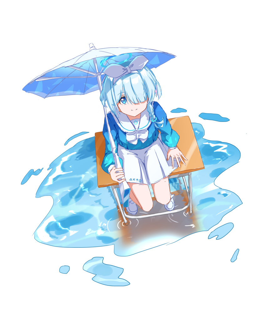 1girl absurdres arona_(blue_archive) blue_archive blue_eyes blue_hair blue_shirt bow bow_hairband bowtie braid closed_mouth colored_inner_hair desk hair_over_one_eye hairband halo highres holding holding_umbrella multicolored_hair ningmeng_zizi on_desk pink_hair puddle sailor_collar school_desk school_uniform serafuku shirt simple_background single_braid sitting skirt smile solo umbrella white_background white_bow white_bowtie white_footwear white_hairband white_sailor_collar white_skirt