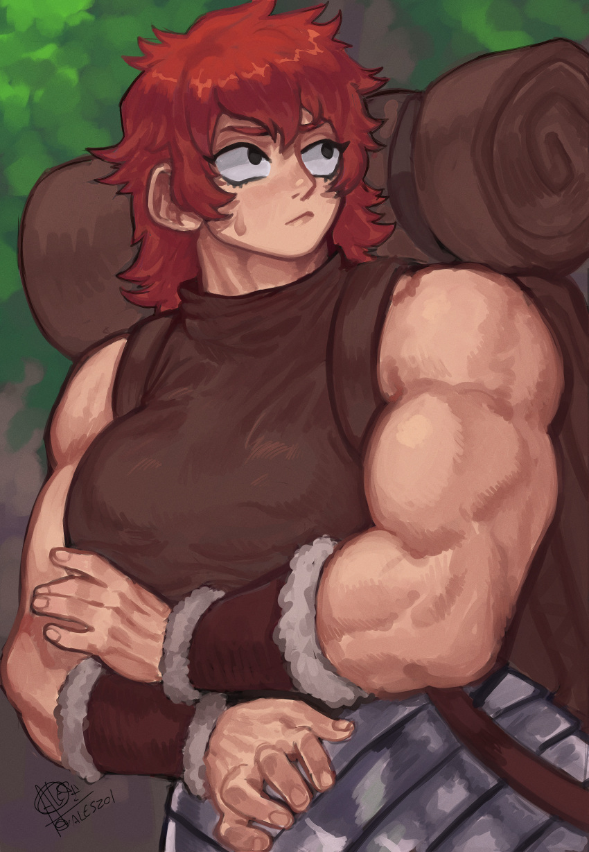 absurdres backpack bag bedroll black_eyes bracer dungeon_meshi dwarf forest frown fur_trim gabriel_ales highres looking_to_the_side muscular muscular_female namari_(dungeon_meshi) nature nervous red_hair signature sweat tomboy