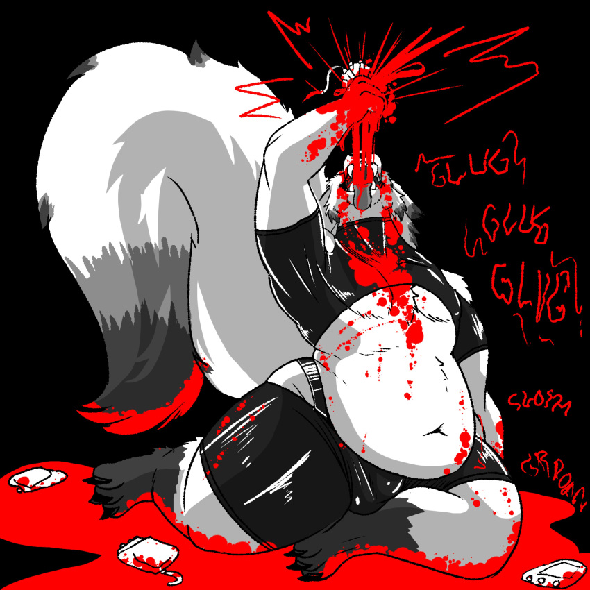 2023 absurd_res anthro belly big_belly blood blood_on_belly blood_on_hand blood_on_mouth blood_splatter bodily_fluids brutus_(pillowtummy) canid canine clothing costume drinking gore hi_res latex latex_clothing male mammal mythological_canine mythological_creature mythology pillowtummy solo were werecanid werecanine werewolf