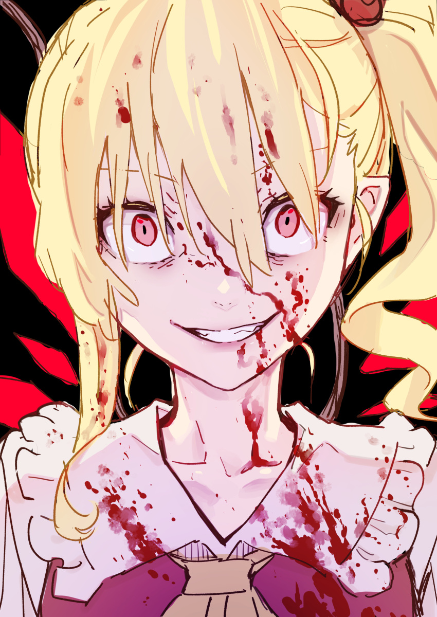 1girl absurdres blonde_hair blood blood_in_hair blood_on_clothes blood_on_face collarbone commentary_request crazy_eyes evil_grin evil_smile flandre_scarlet grin hair_between_eyes highres kawayabug long_hair looking_at_viewer neckerchief parted_lips portrait red_eyes side_ponytail smile solo teeth touhou yellow_neckerchief