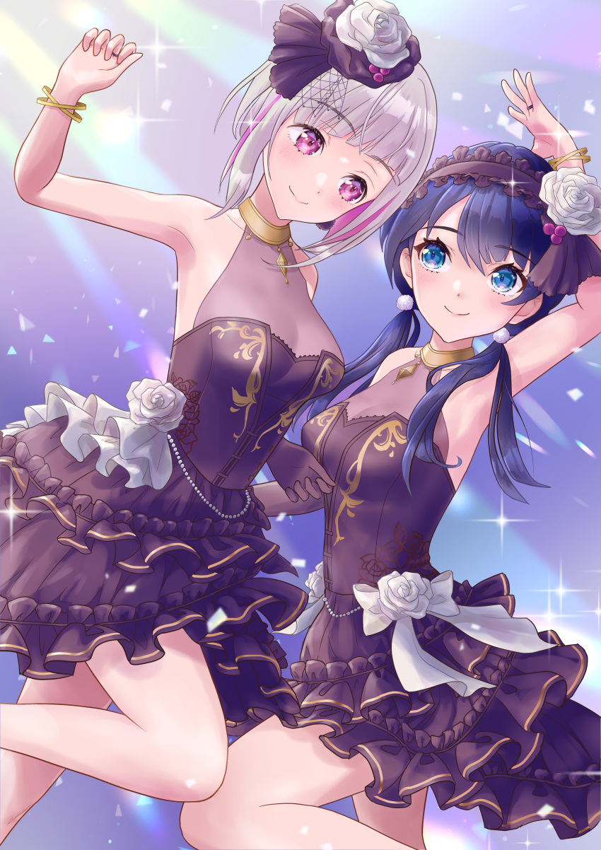 2girls absurdres armpits asymmetrical_bangs black_dress black_gloves black_hairband blue_eyes blue_hair bob_cut breasts cleavage colored_inner_hair commentary dancing dark_blue_hair diagonal_bangs dollchestra dress dress_flower elbow_gloves eye_contact flower frilled_dress frilled_hairband frills gloves gold_bracelet grey_hair hair_flower hair_ornament hairband highres inverted_bob jewelry kobassy light_rays link!_like!_love_live! long_hair looking_at_another love_live! low_twintails medium_breasts multicolored_hair multiple_girls murano_sayaka pink_eyes pink_hair purple_background ring see-through see-through_cleavage short_dress short_hair single_elbow_glove sparkle sparkly_spot_(love_live!) strapless strapless_dress streaked_hair twintails white_flower yugiri_tsuzuri