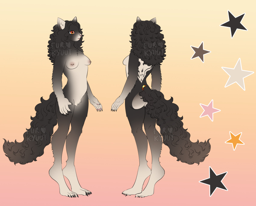 absurd_res anthro breasts curled_hair digital_drawing_(artwork) digital_media_(artwork) domestic_cat ear_piercing felid feline felis female fur furkyuu hair hi_res mammal model_sheet nipple_piercing nipples piercing rex_(cat) selkirk_rex simple_background solo tail